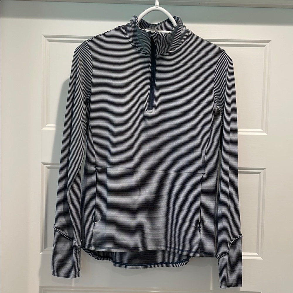 Market & Spruce Striped Quarter Zip Top with Front Pocket and Thumb Holes
